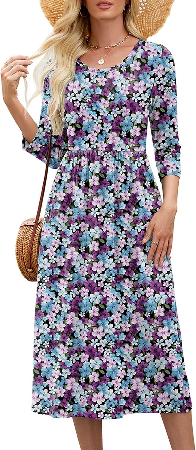 Heymoments Women's Casual 3/4 Sleeve Midi Dress with Pockets