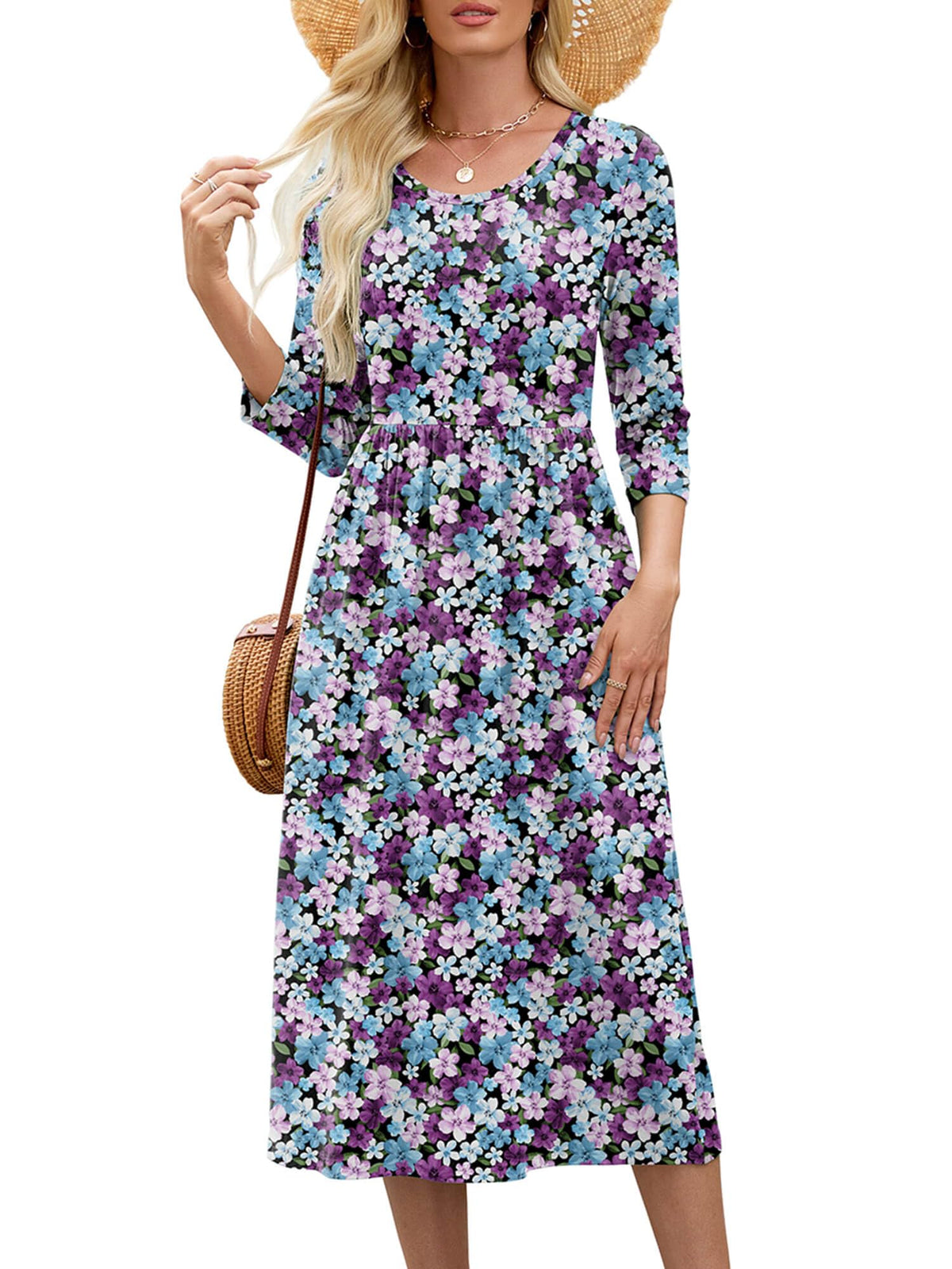 Heymoments Women's Casual 3/4 Sleeve Midi Dress with Pockets