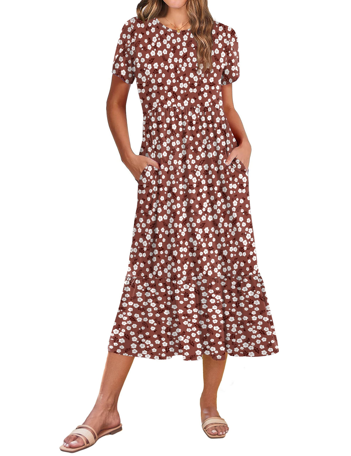 Zeagoo Women Summer Midi A Line Dress Short Sleeve Casual Flowy Tiered Beach Long Sundress with Pockets 2026 Vacation Travel