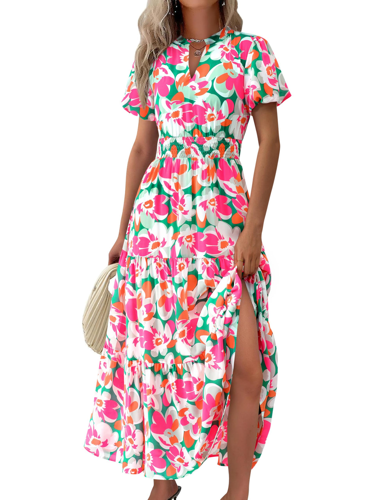MASCOMODA Summer Maxi Dresses for Women 2026 Short Sleeve Long Floral Dress