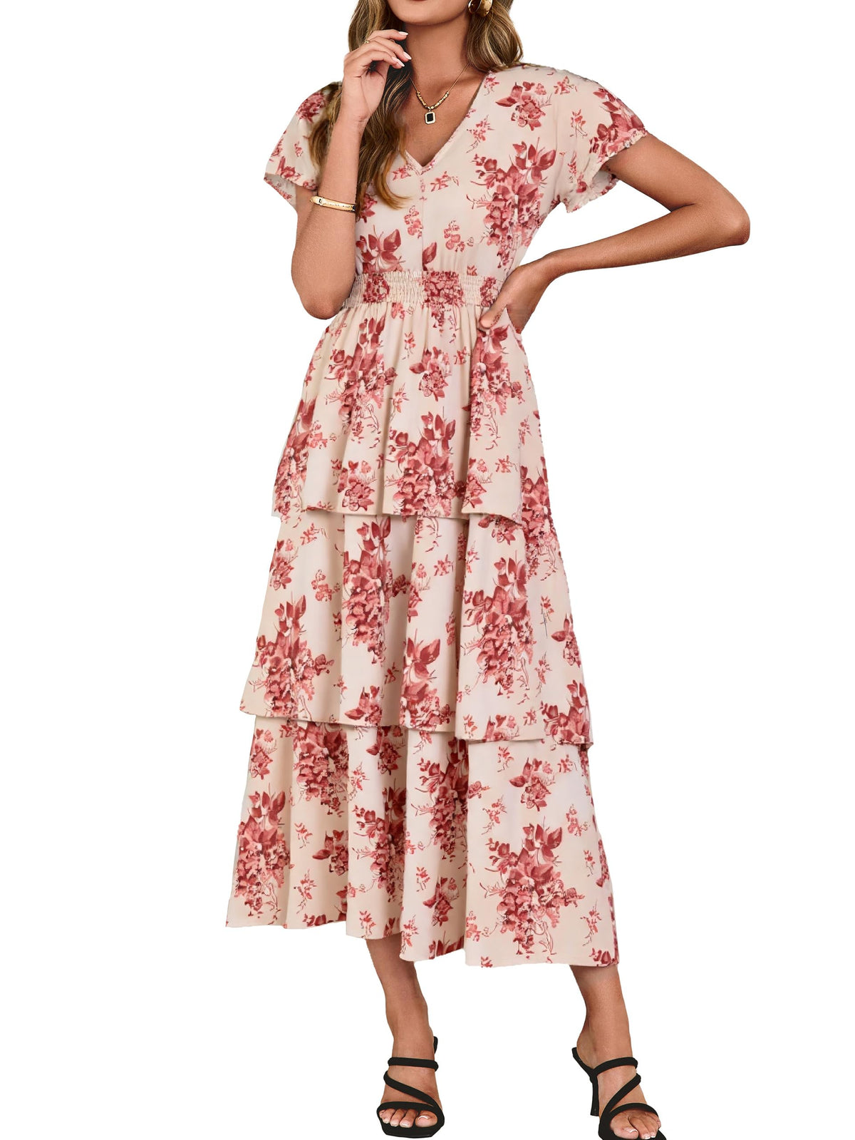 Simplee Women Floral Summer Maxi Dress Boho Flowy Ruffle Tiered Short Sleeves V Neck Long Wedding Guest Dresses