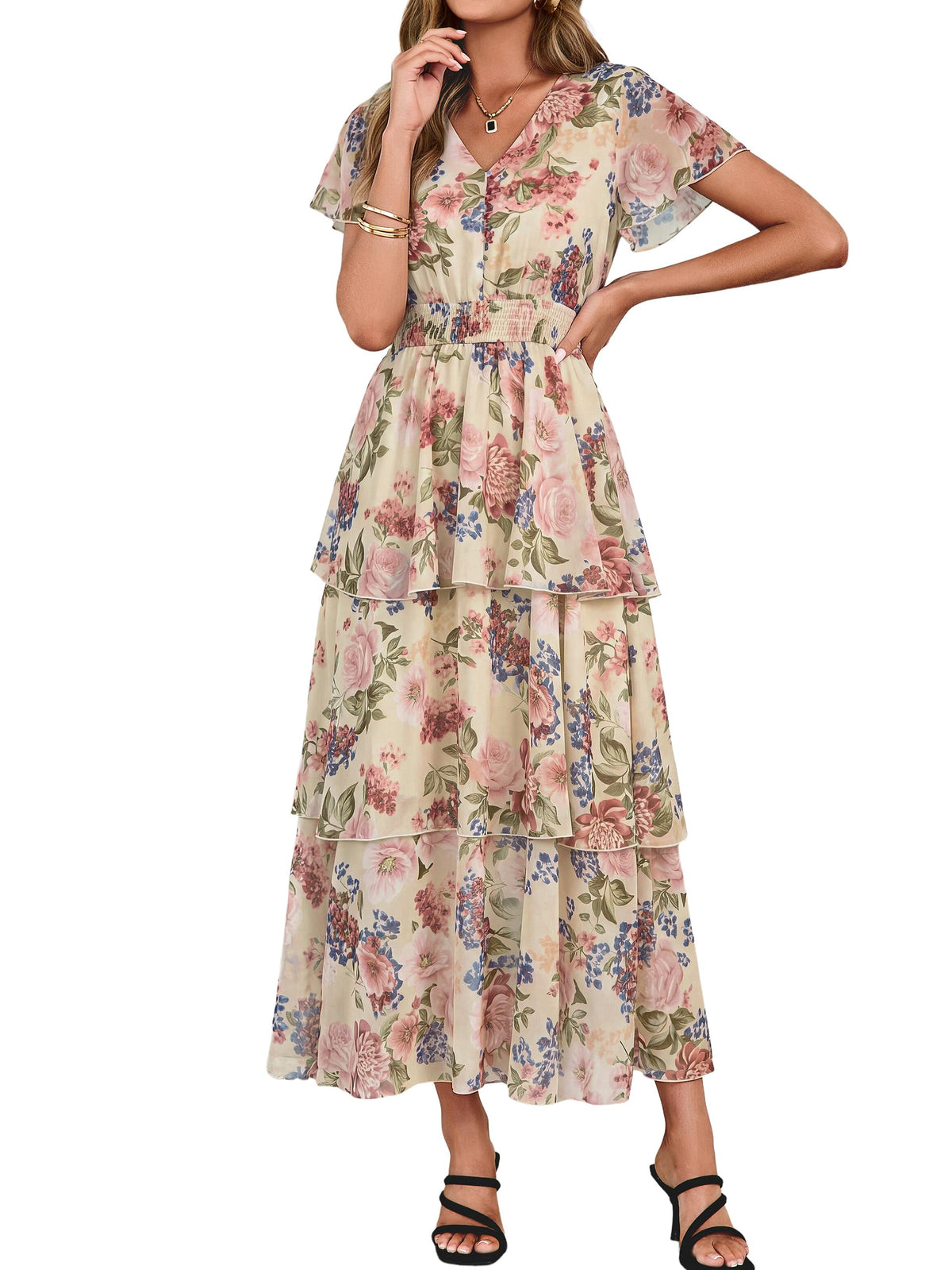 Simplee Women Floral Summer Maxi Dress Boho Flowy Ruffle Tiered Short Sleeves V Neck Long Wedding Guest Dresses