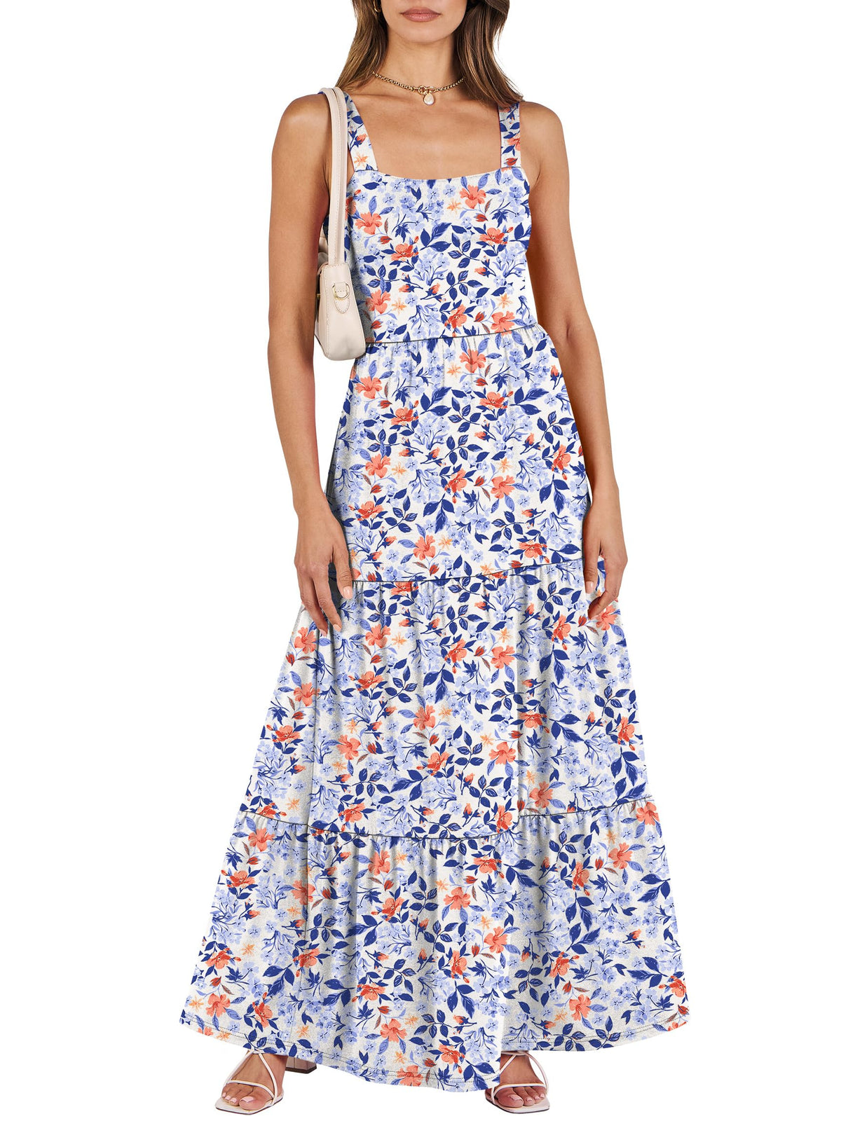 ANRABESS Women's Summer Flowy Maxi Dress Square Neck Sundress with Pockets