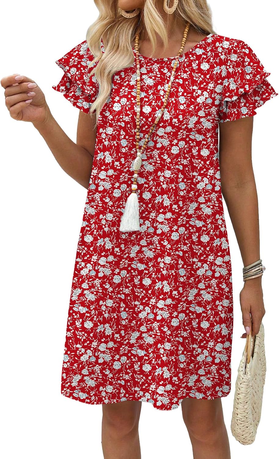 OFEEFAN Womens Summer Dresses 2026 Ruffle Sleeve Round Neck Loose Swing Sundresses with Pockets Plain/Print