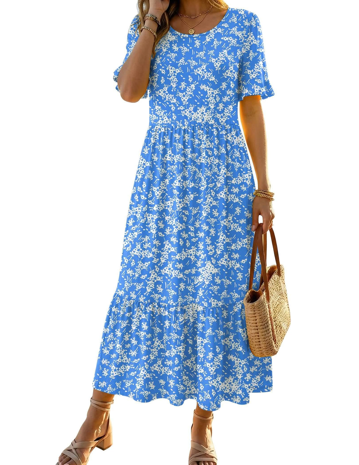 Zeagoo Womens Summer Dresses 2026 Casual Midi Dress Flowy Sundress Ruffle Short Sleeve Tiered Dresses A Line Boho Dress