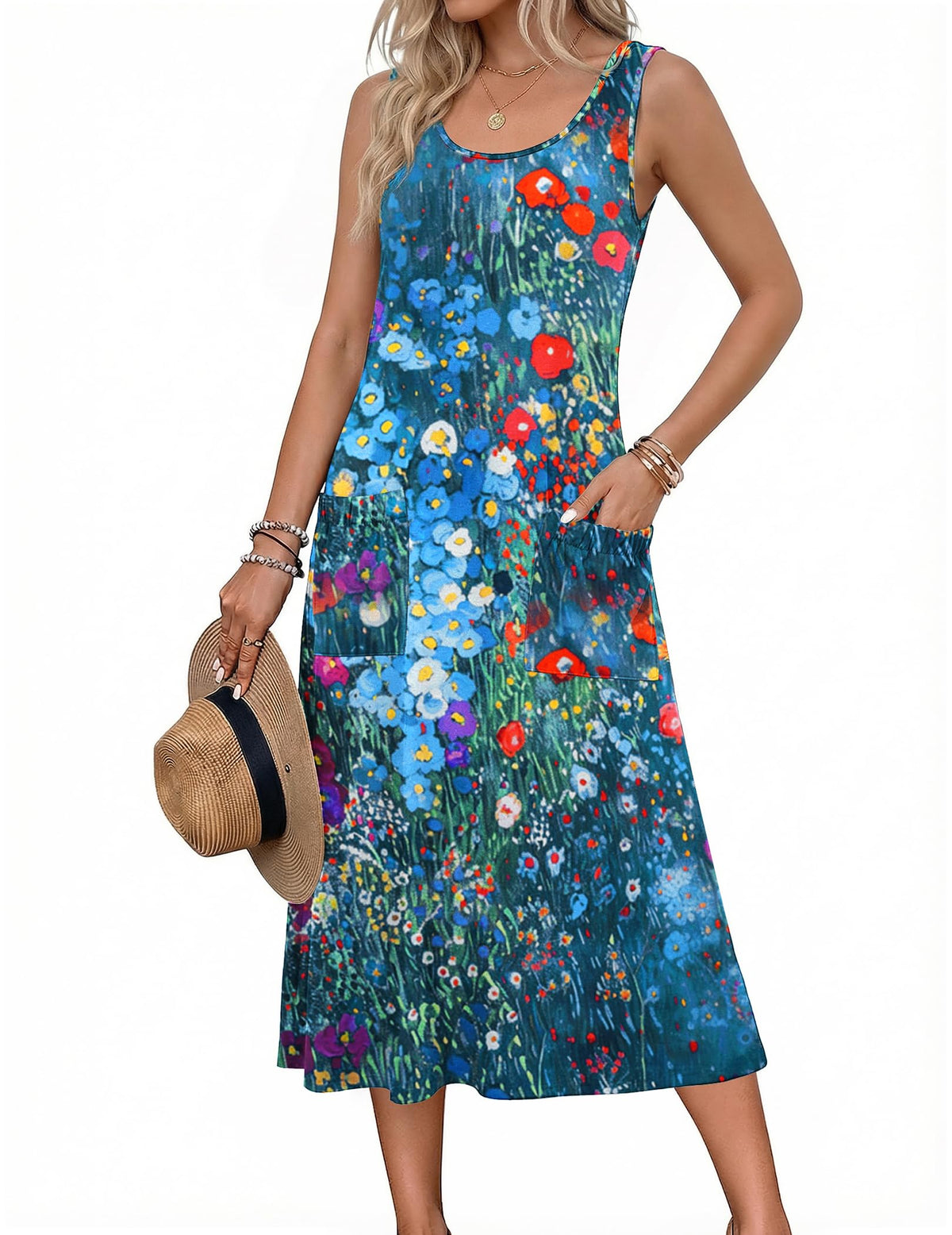 Zeagoo Womens Summer Midi Dresses 2026 Casual Sleeveless Tank Sundresses A Line Crewneck Beach Vacation Dress with Pockets