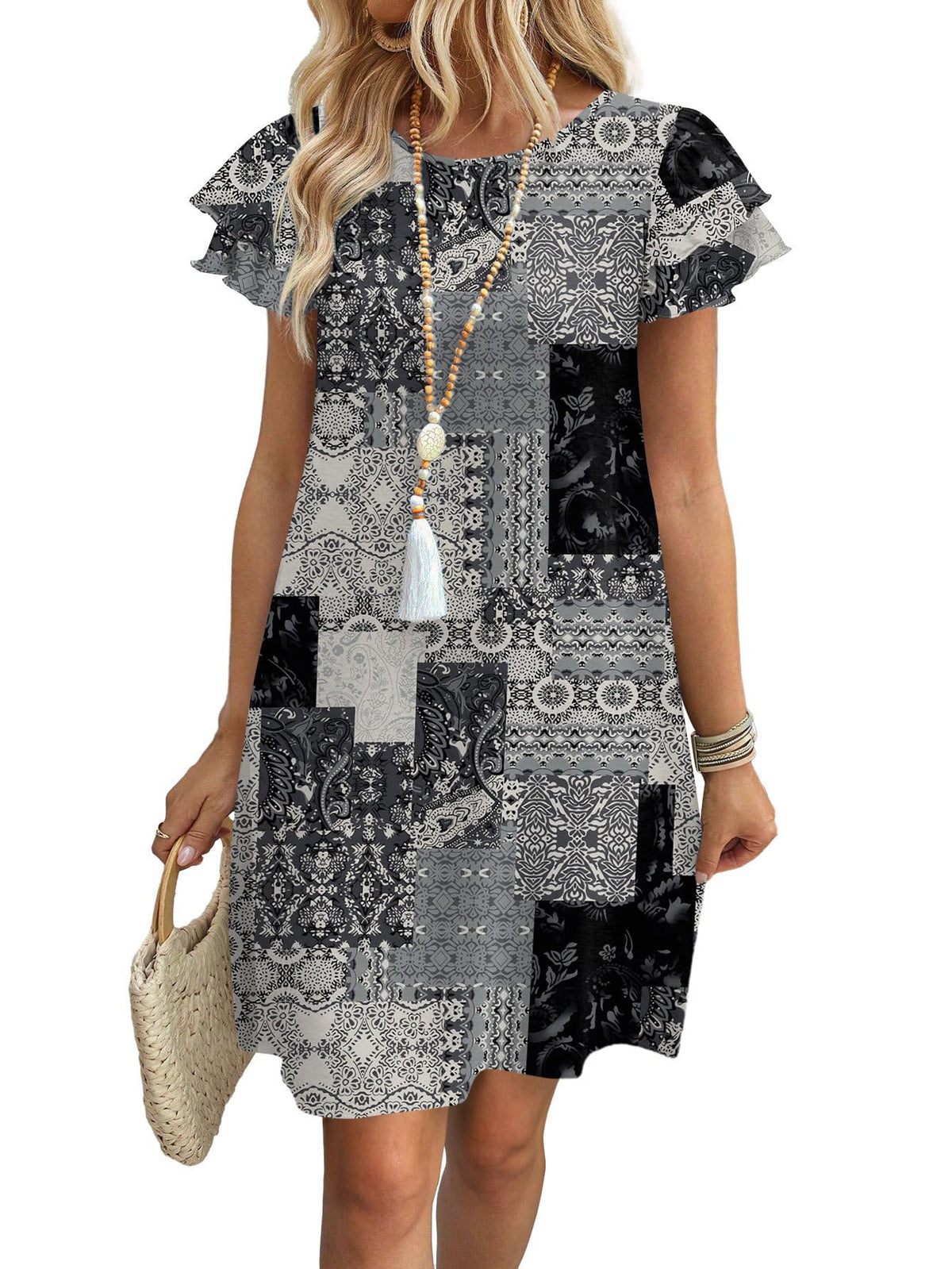 OFEEFAN Womens Summer Dresses 2026 Ruffle Sleeve Round Neck Loose Swing Sundresses with Pockets Plain/Print