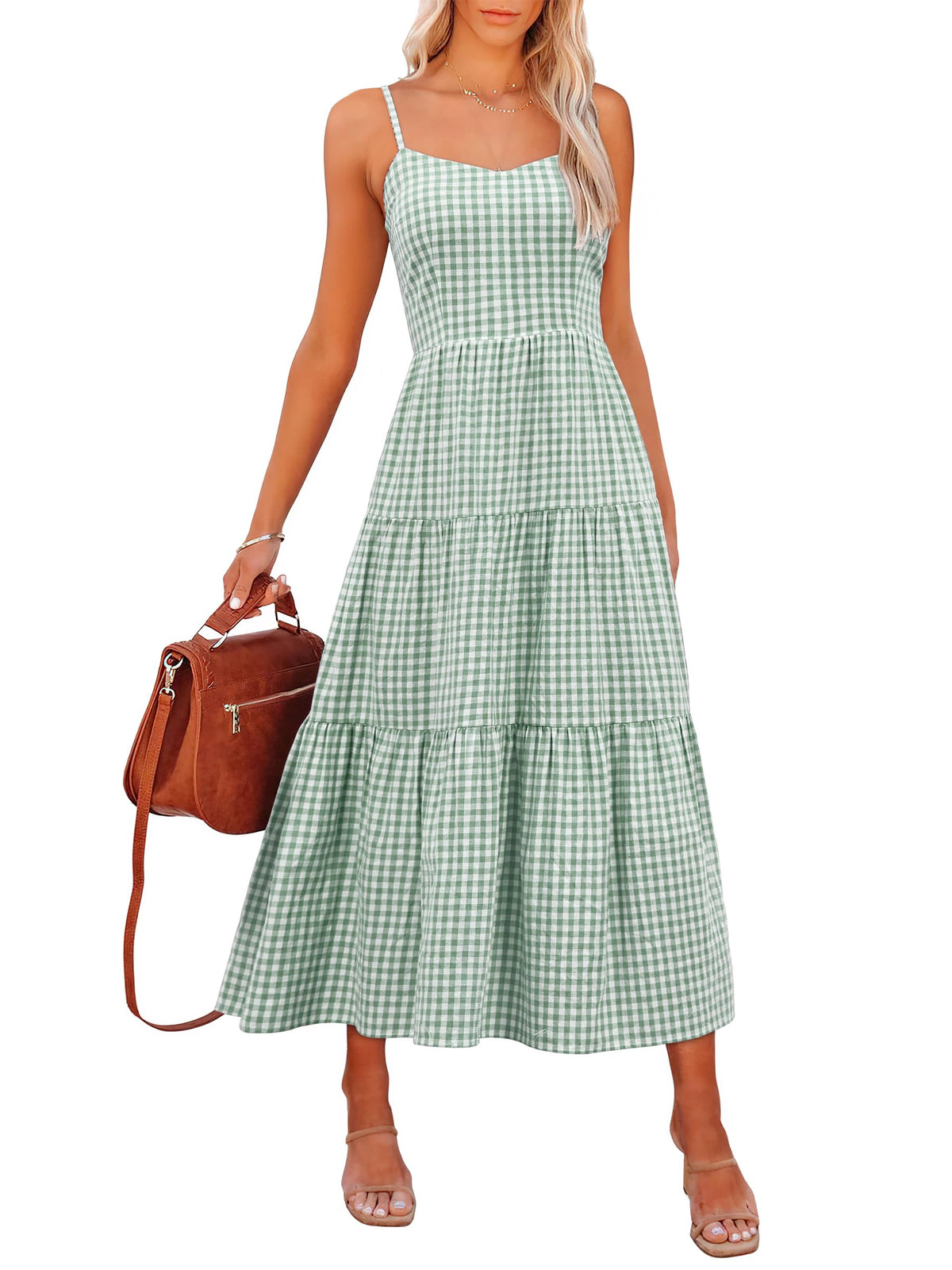 ANRABESS Womens Summer Striped Gingham Midi Dresses Casual Beach Sundress