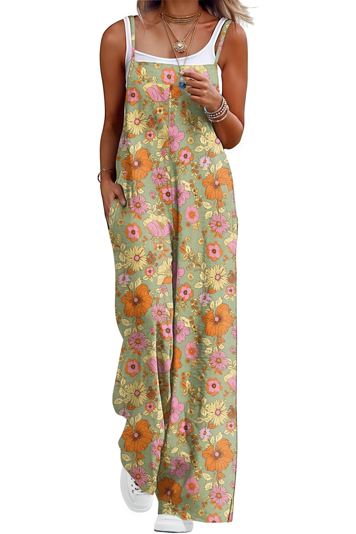 Lepunuo Womens Casual Loose Jumpsuits Summer Boho Wide Leg Rompers Sleeveless Overalls with Pockets