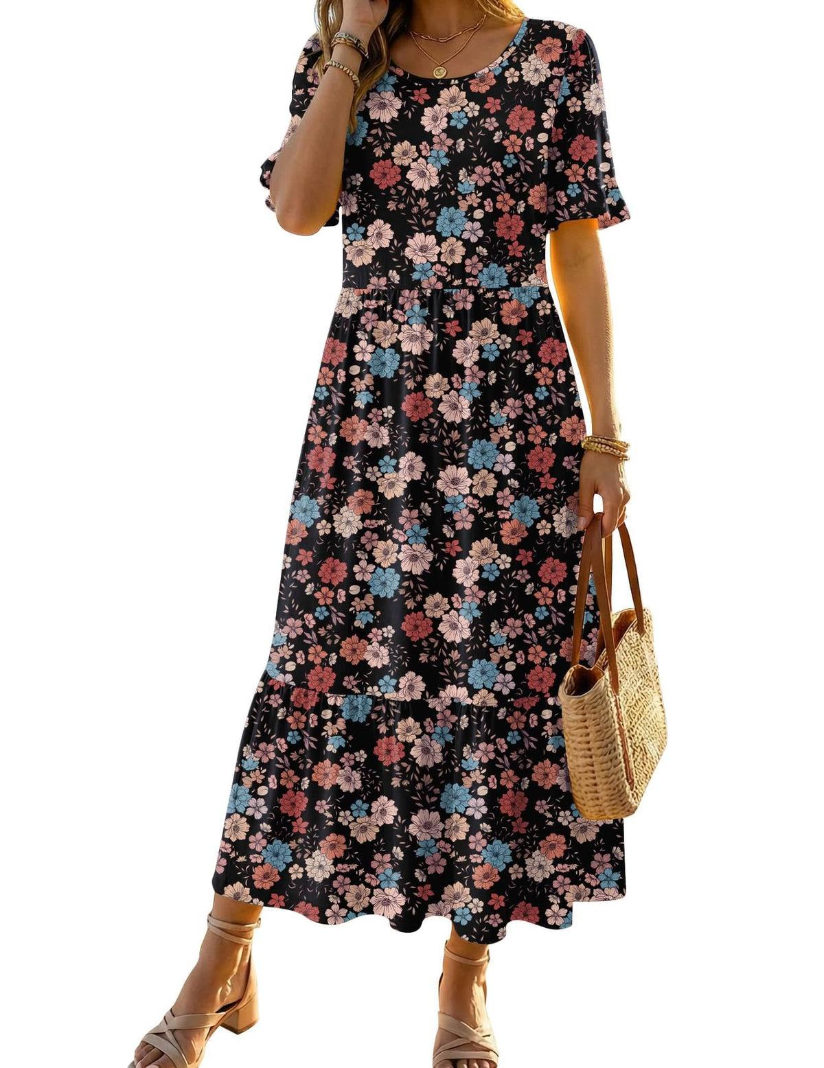 Zeagoo Womens Summer Dresses 2026 Casual Midi Dress Flowy Sundress Ruffle Short Sleeve Tiered Dresses A Line Boho Dress