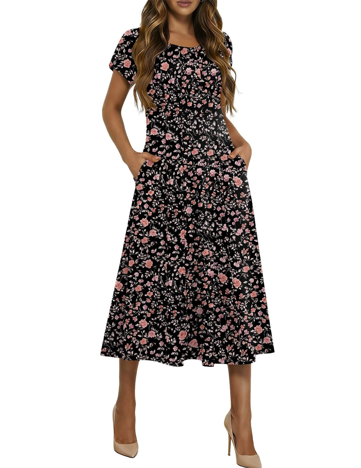 HOTOUCH Summer Dresses for Women 2026 Casual Midi Dress Petal Short Sleeve A Line Dress Pleated Flare Sundress