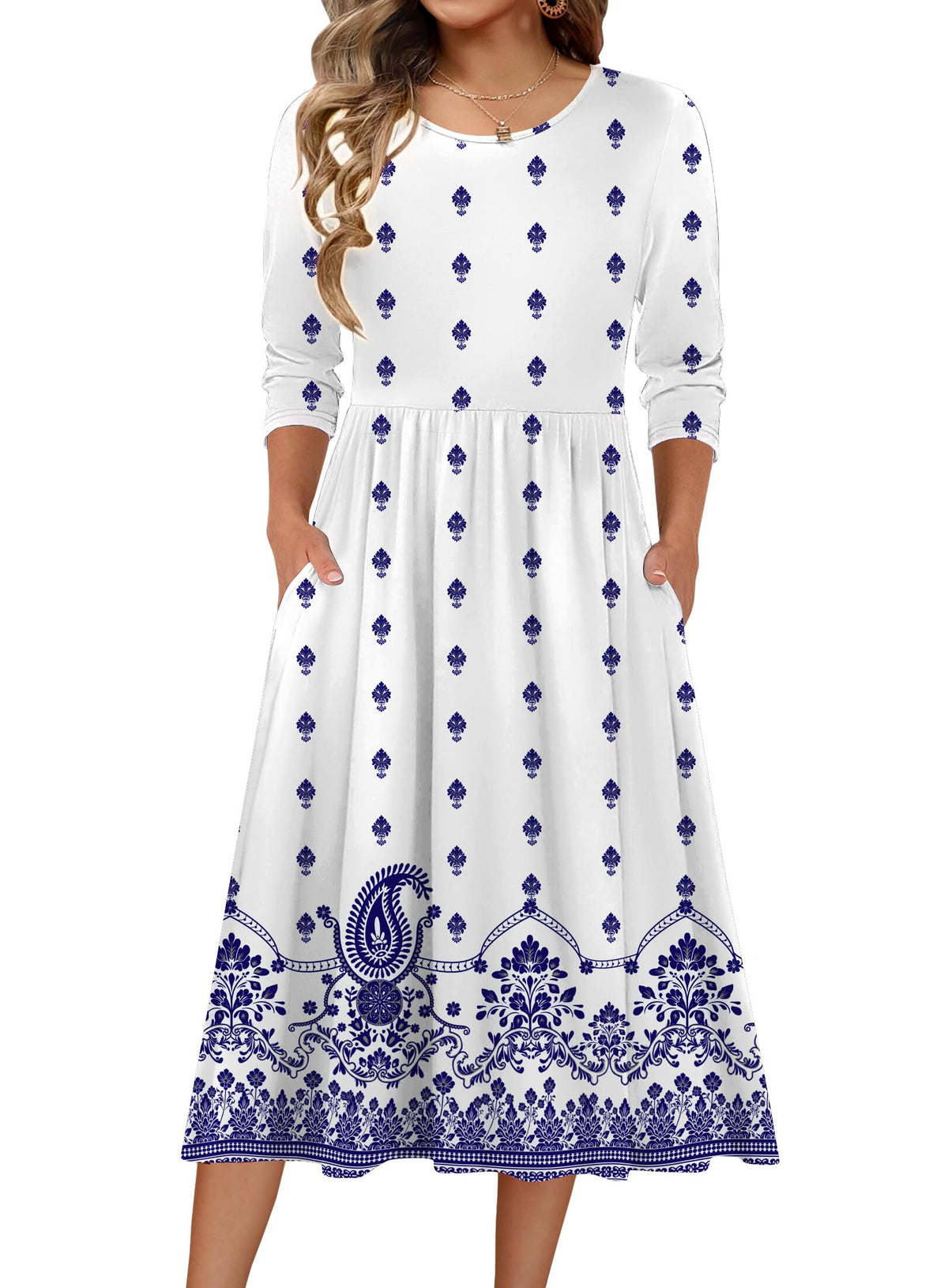 Zeagoo 3/4 Sleeve Women's Dress Casual Aline Summer Fall Midi Long Dresses