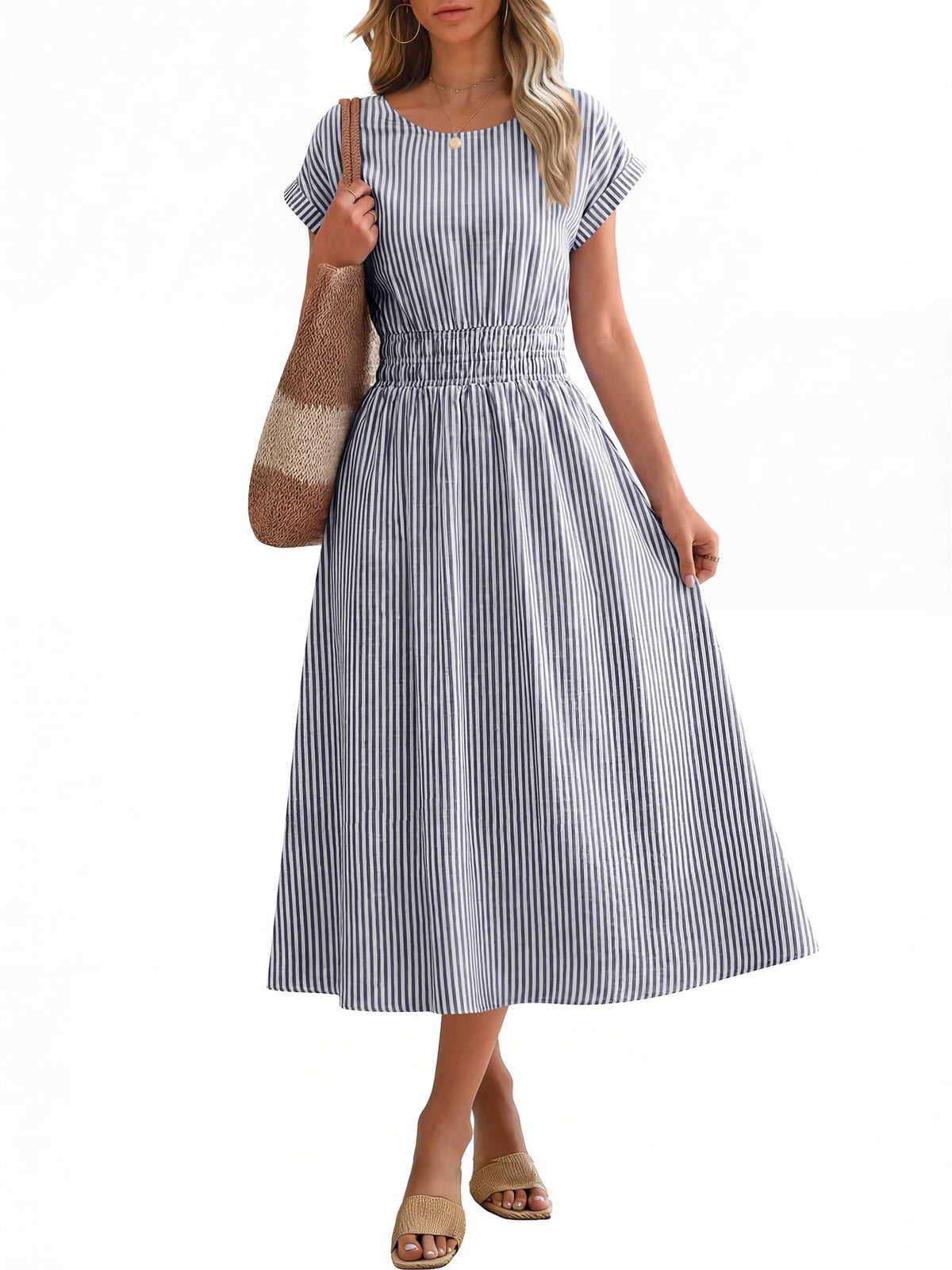 ANRABESS Womens Summer Midi Dress Striped Casual Short Sleeve Crewneck Elastic Waist 2026 Flowy Long Beach Dress with Pockets