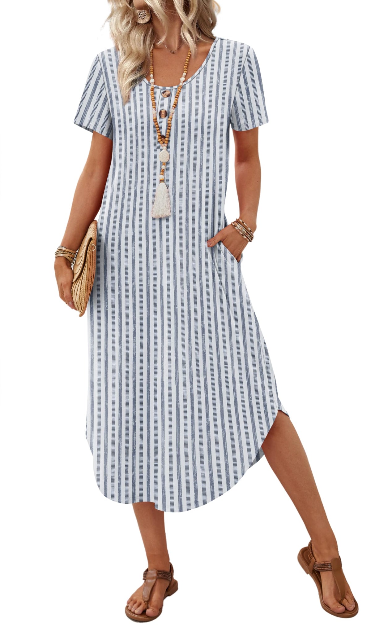 OFEEFAN Summer Dresses for Women 2026 Casual Midi Dresses Beach Vacation Outfits Tshirt Dress with Pockets Resort Wear