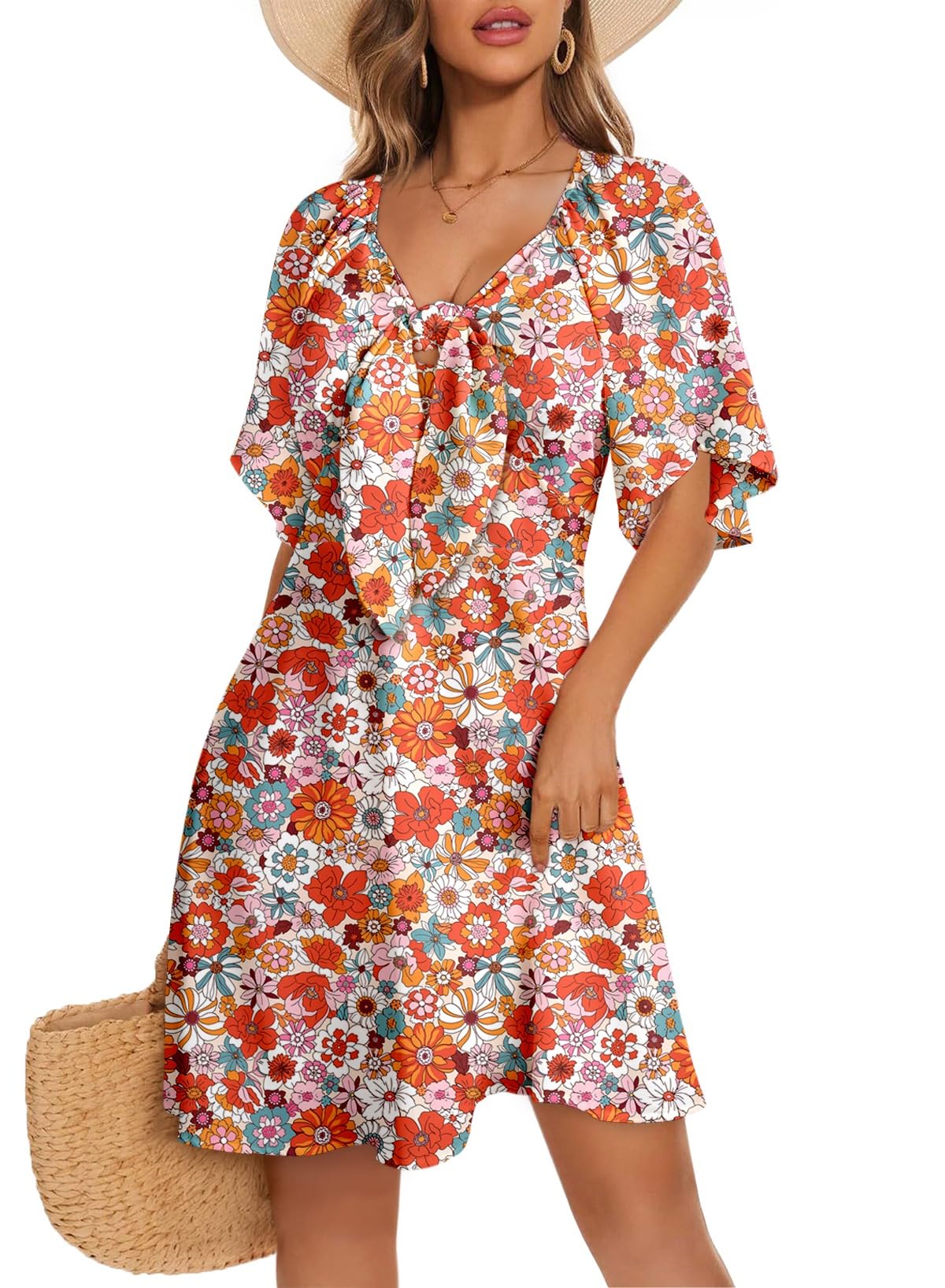Dokotoo Womens Dresses 2026 Deep V Neck Elegant Bow tie Mini Dress S-XL