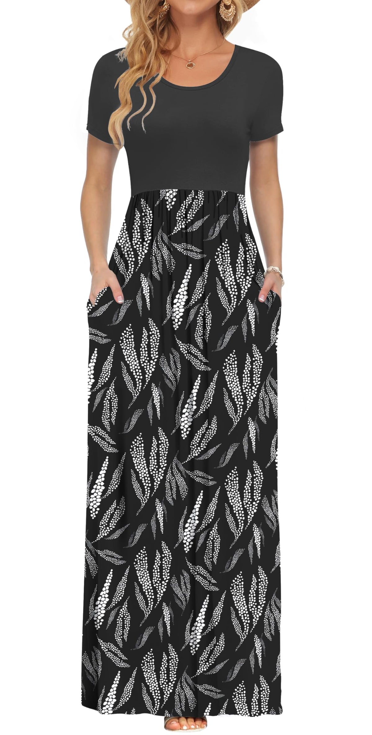 AUSELILY Women's Summer Short Sleeve Loose Plain Casual Long Maxi Dresses