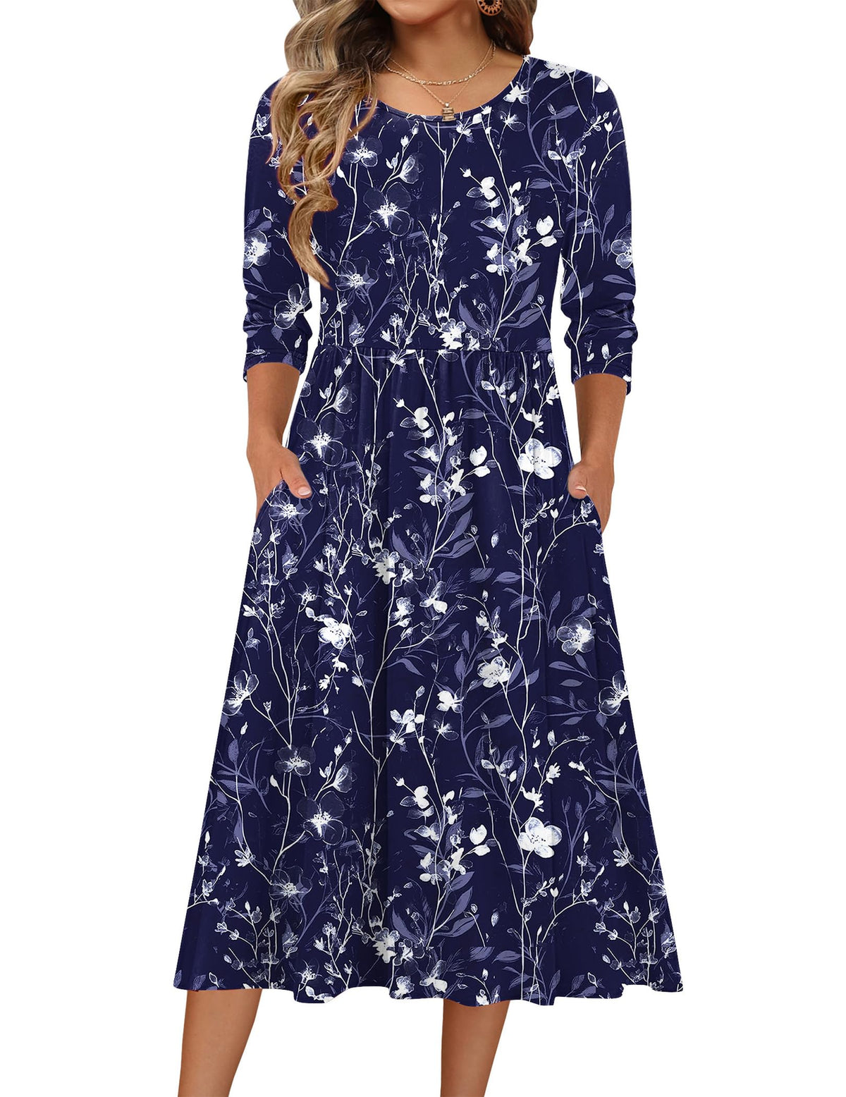Zeagoo 3/4 Sleeve Women's Dress Casual Aline Summer Fall Midi Long Dresses