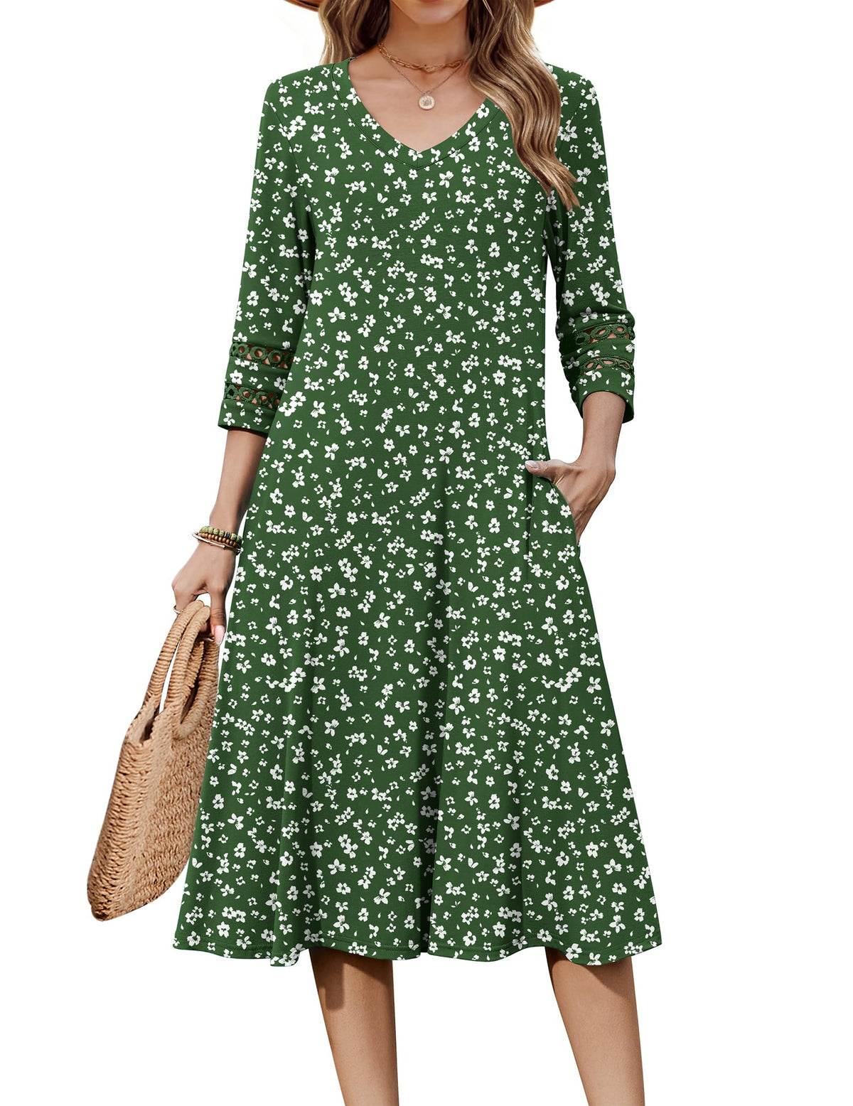 Zeagoo Women's Dresses 3/4 Sleeve Casual V-Neck A Line Eyelet Midi Dress