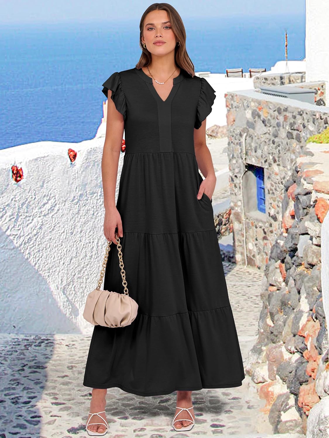 ANRABESS Womens Summer Dress Ruffle Sleeve V Neck Vacation Maxi Dresses