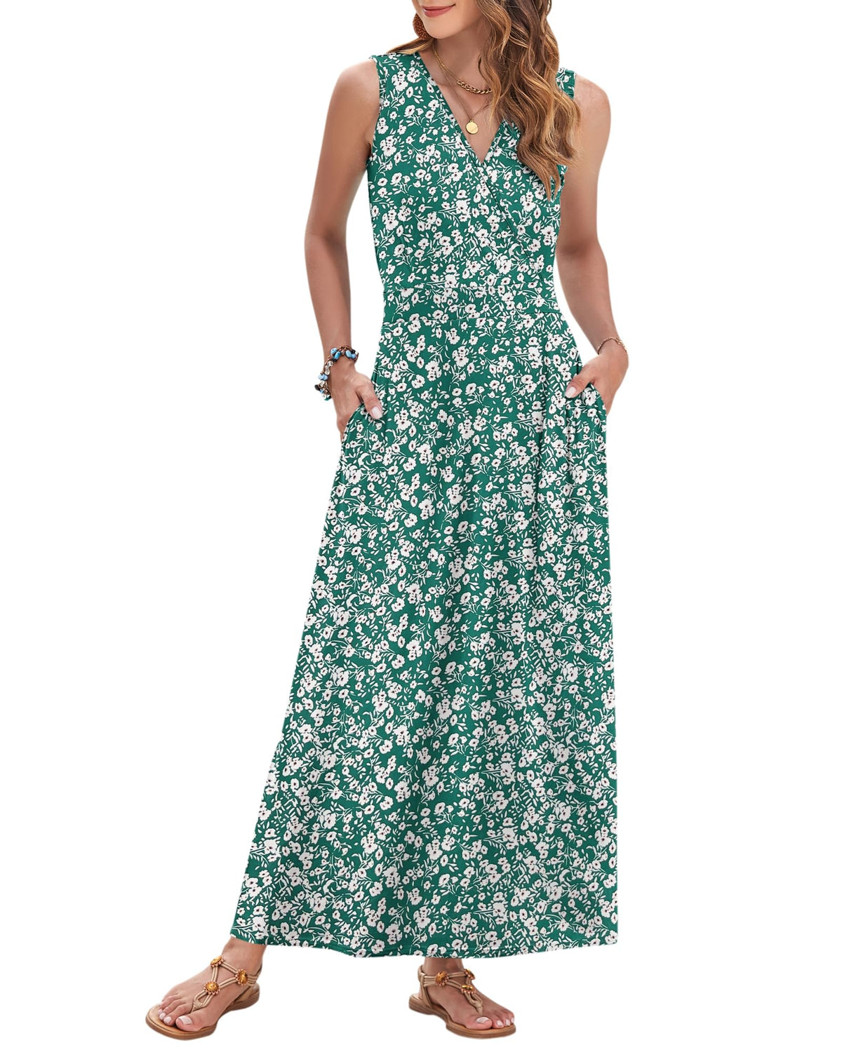 AUSELILY Womens Maxi Dress Summer Sleeveless Wrap Long Dresses with Pockets