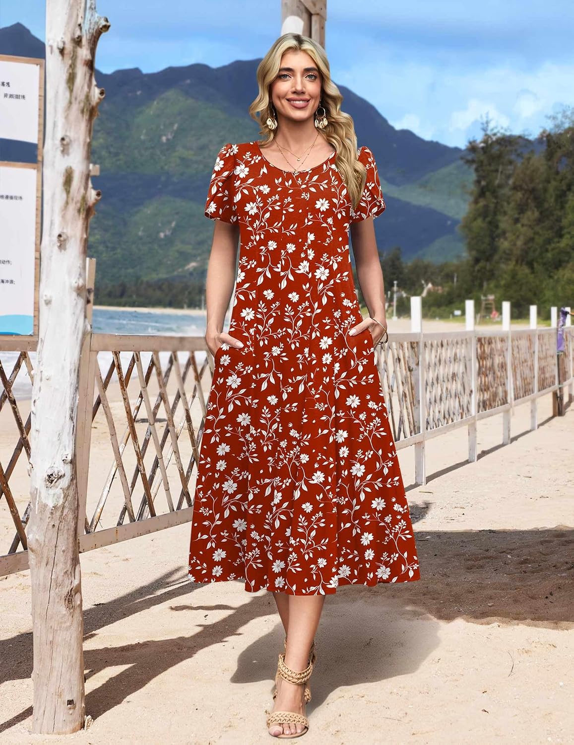 HOTOUCH Summer Dresses for Women 2026 Casual Midi Dress Petal Short Sleeve A Line Dress Pleated Flare Sundress
