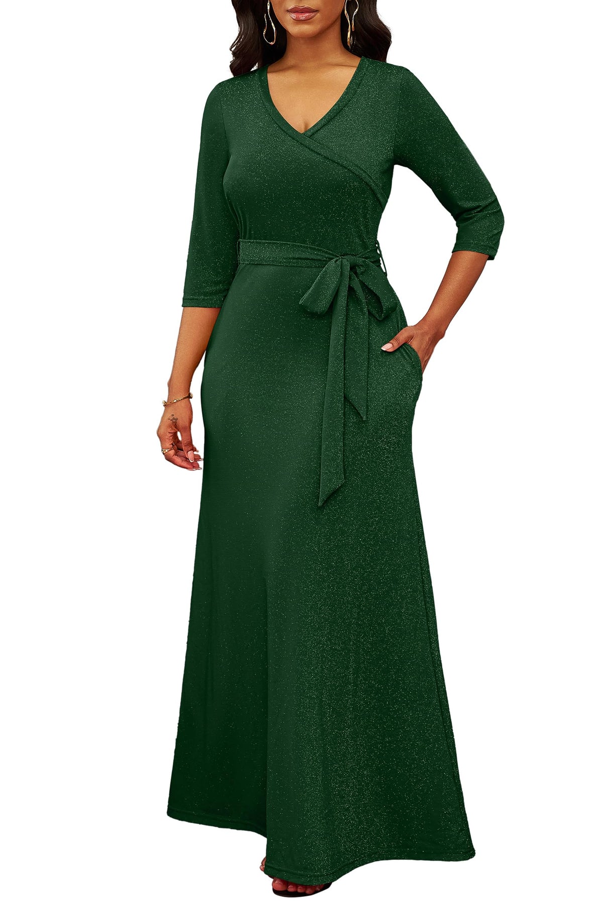 FANDEE Women's 2026 Maxi Dress - Solid Color Bohemian Summer Long Maxi Dress V-Neck 3/4 Sleeve