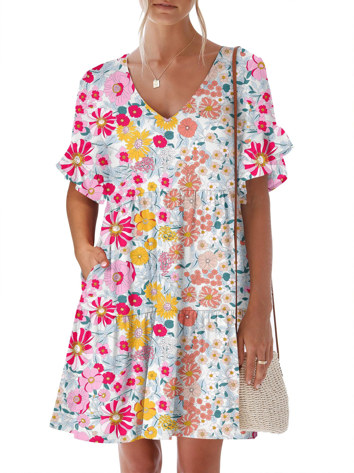 ANRABESS Dresses for Women Summer 2026 V Neck Ruffle Sleeve A Line Tiered Flowy Casual Trendy Mini Beach Dress with Pockets