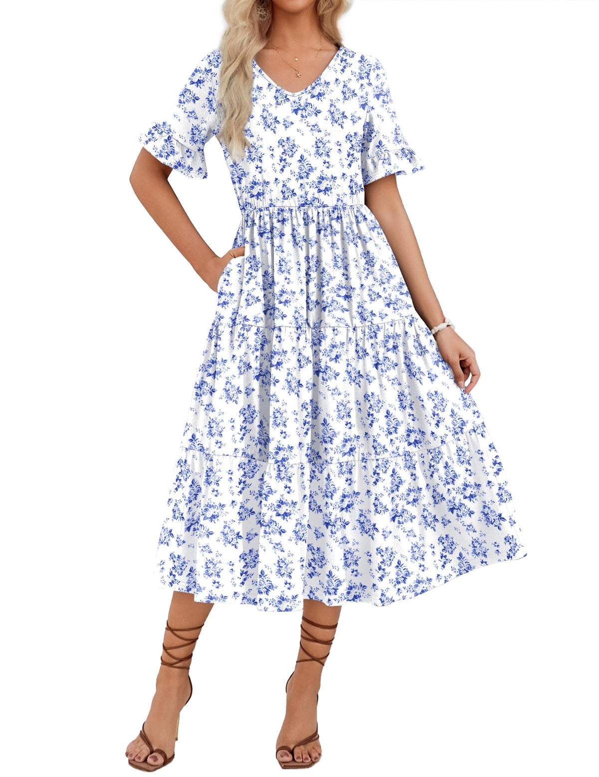 ZEAGOO Women's Summer Dresses Midi Tiered Casual Dress Floral V Neck Ruffle Short Sleeve Flowy Beach Dress with Pockets