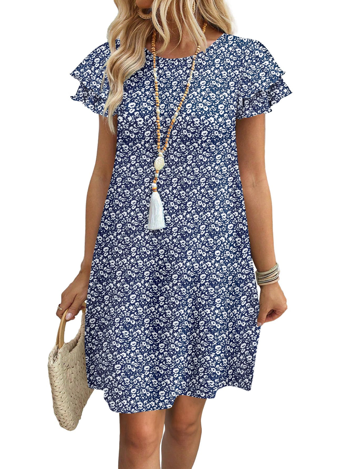 OFEEFAN Womens Summer Dresses 2026 Ruffle Sleeve Round Neck Loose Swing Sundresses with Pockets Plain/Print