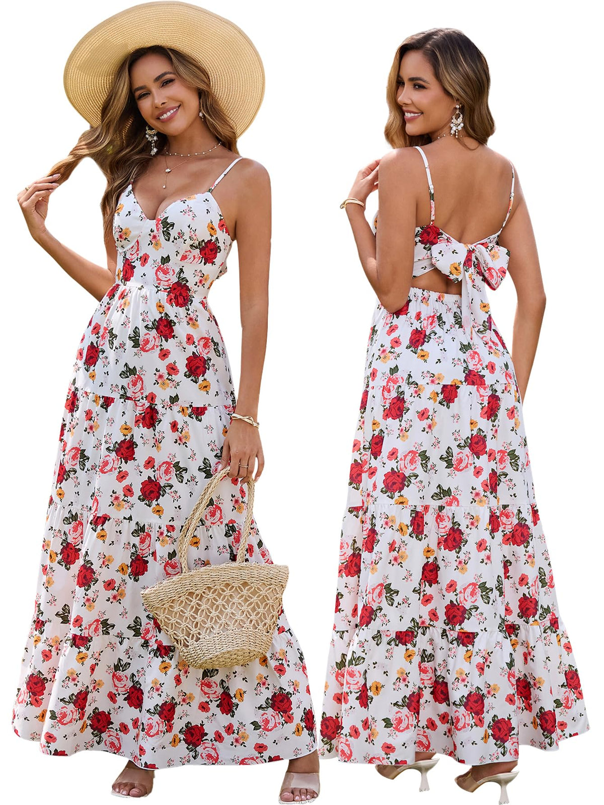 HTZMO Women Summer Floral Maxi Sundress Boho Beach Long Dress