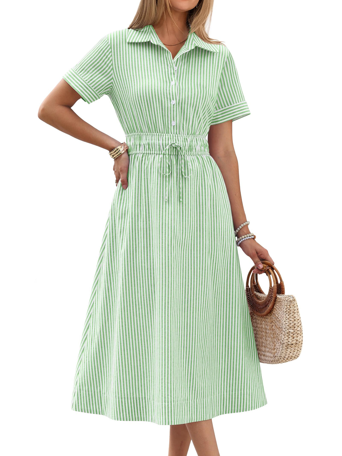 ANRABESS Women Summer Short Sleeve Midi Dress, Striped & Gingham, Casual A-Line Button Collar Shirt Dress, Beach & Vacation