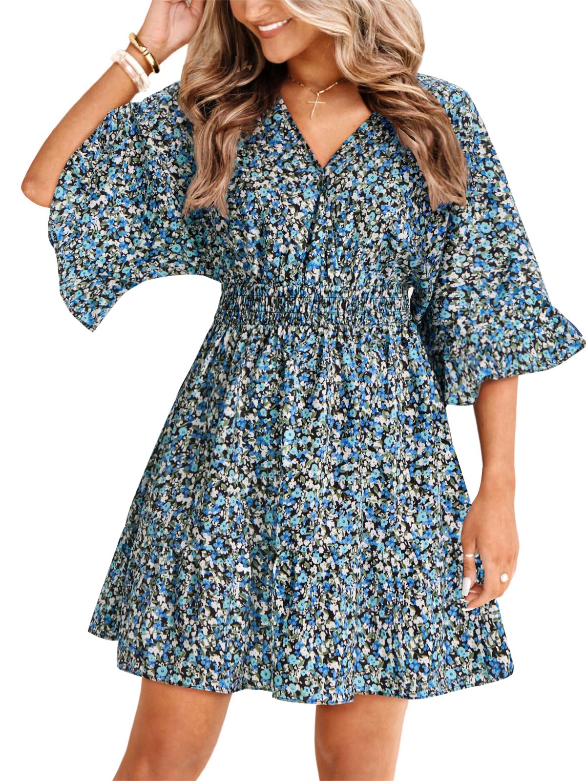 Aoysky Womens V Neck Casual Dresses Summer Cute Mini Short Western Dress