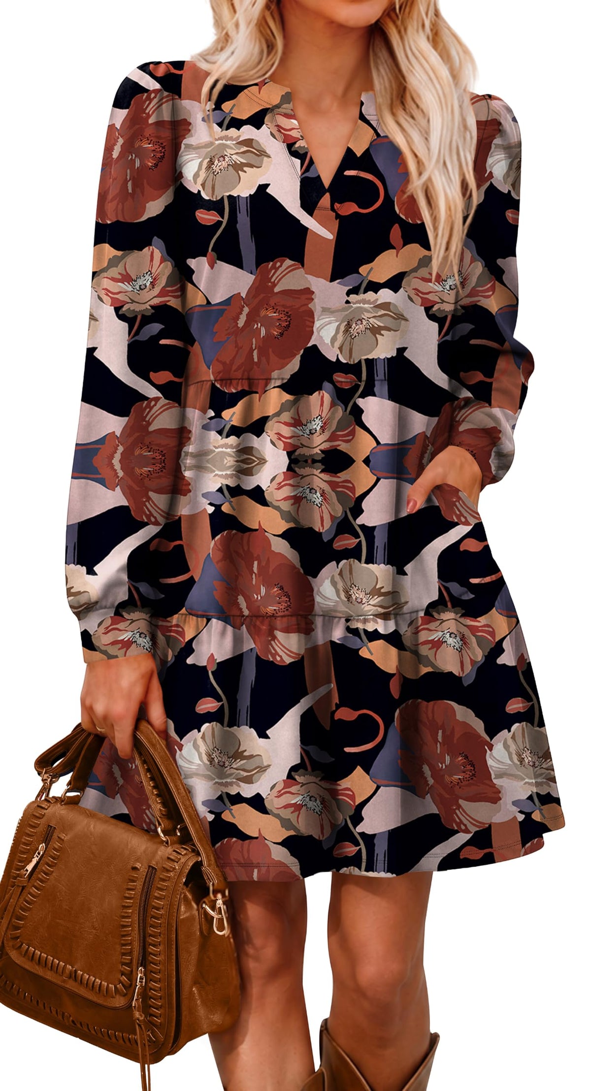 OFEEFAN Fall Dresses for Women V Neck Long Sleeve Tiered Dress with Pockets