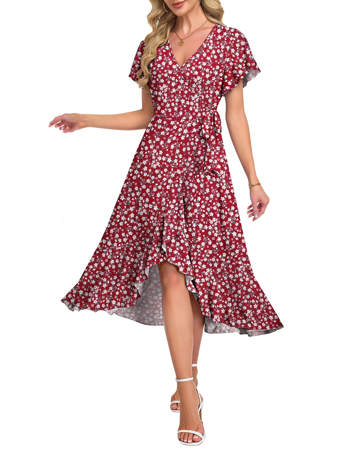 AUSELILY Women Summer Midi Dresses Wrap Short Flutter Sleeve Elegant Dress