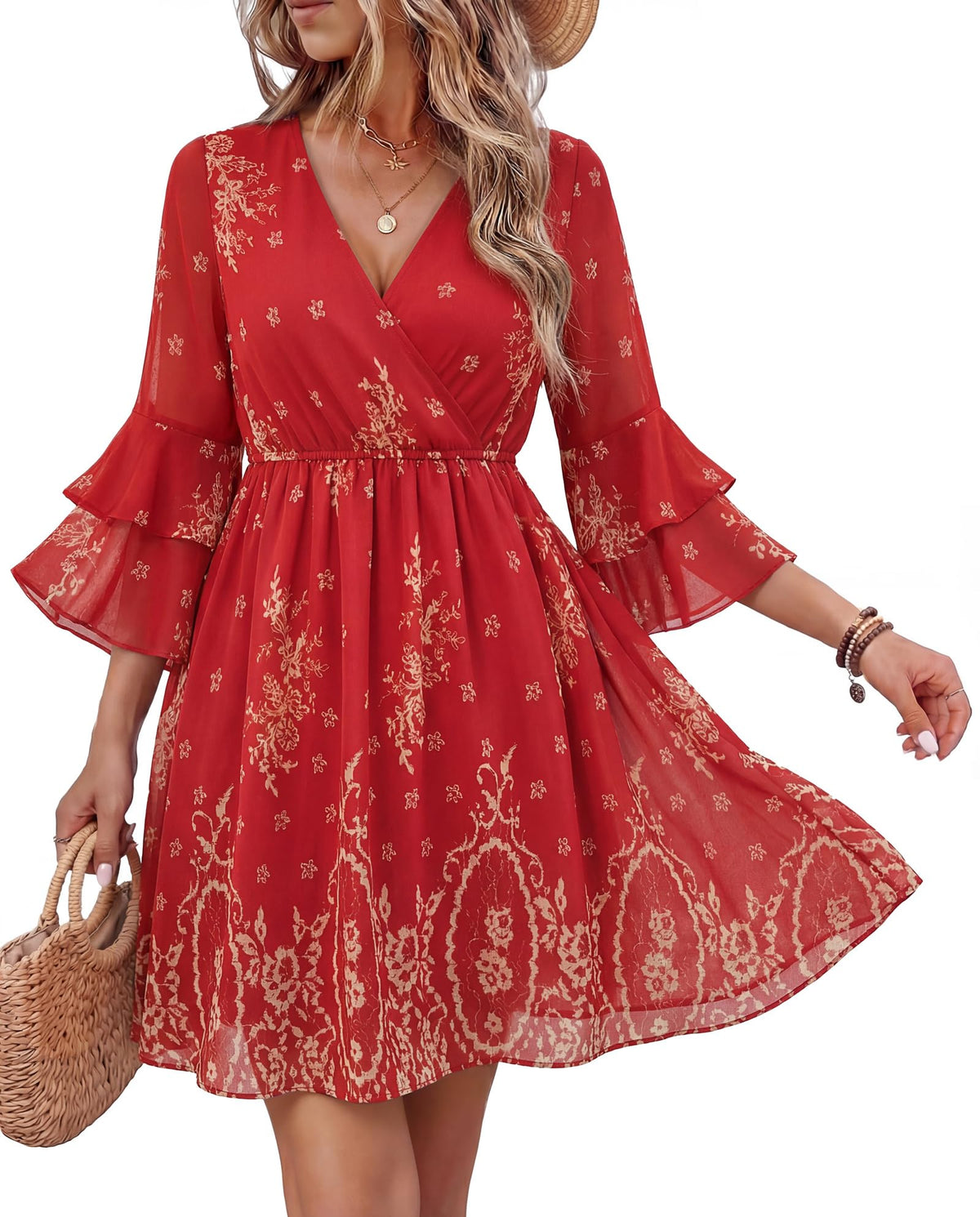 Bebonnie Womens 3/4 Ruffle Sleeve Spring Summer Casual V Neck Flowy Chiffon Layers Dresses