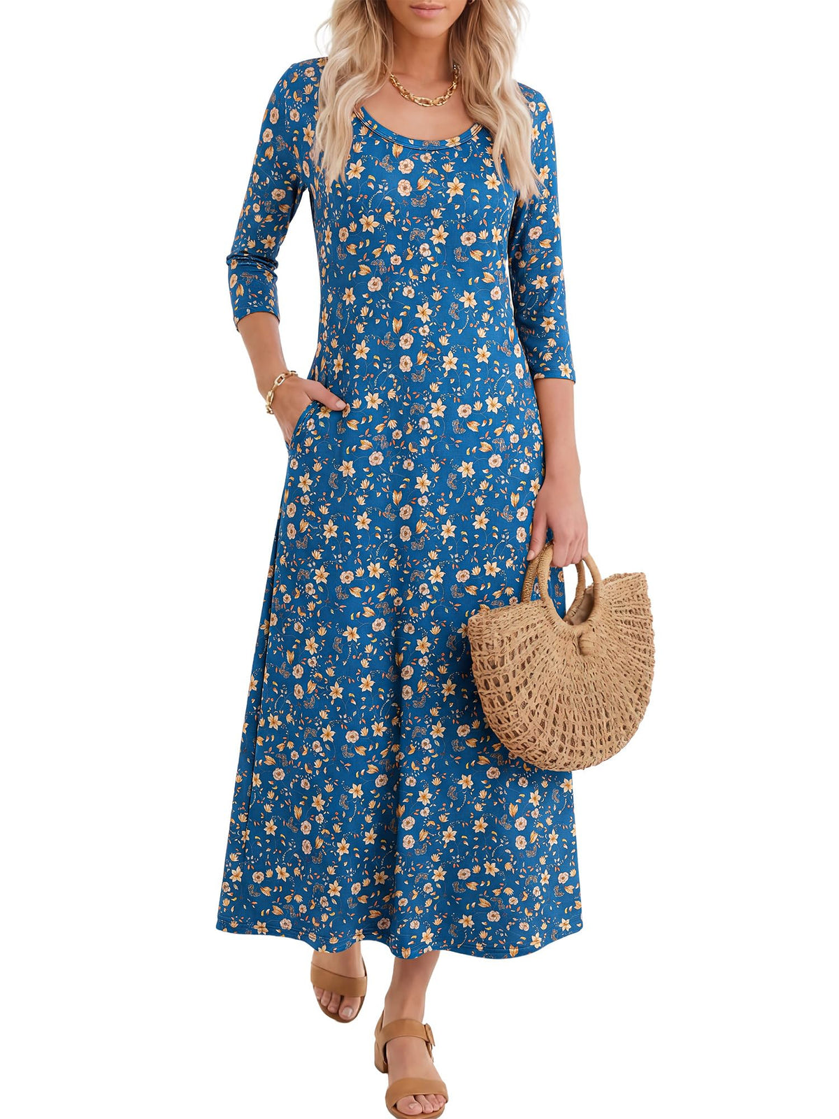 ANRABESS Womens 3/4 Sleeve Scoop Neck Casual Maxi Dress