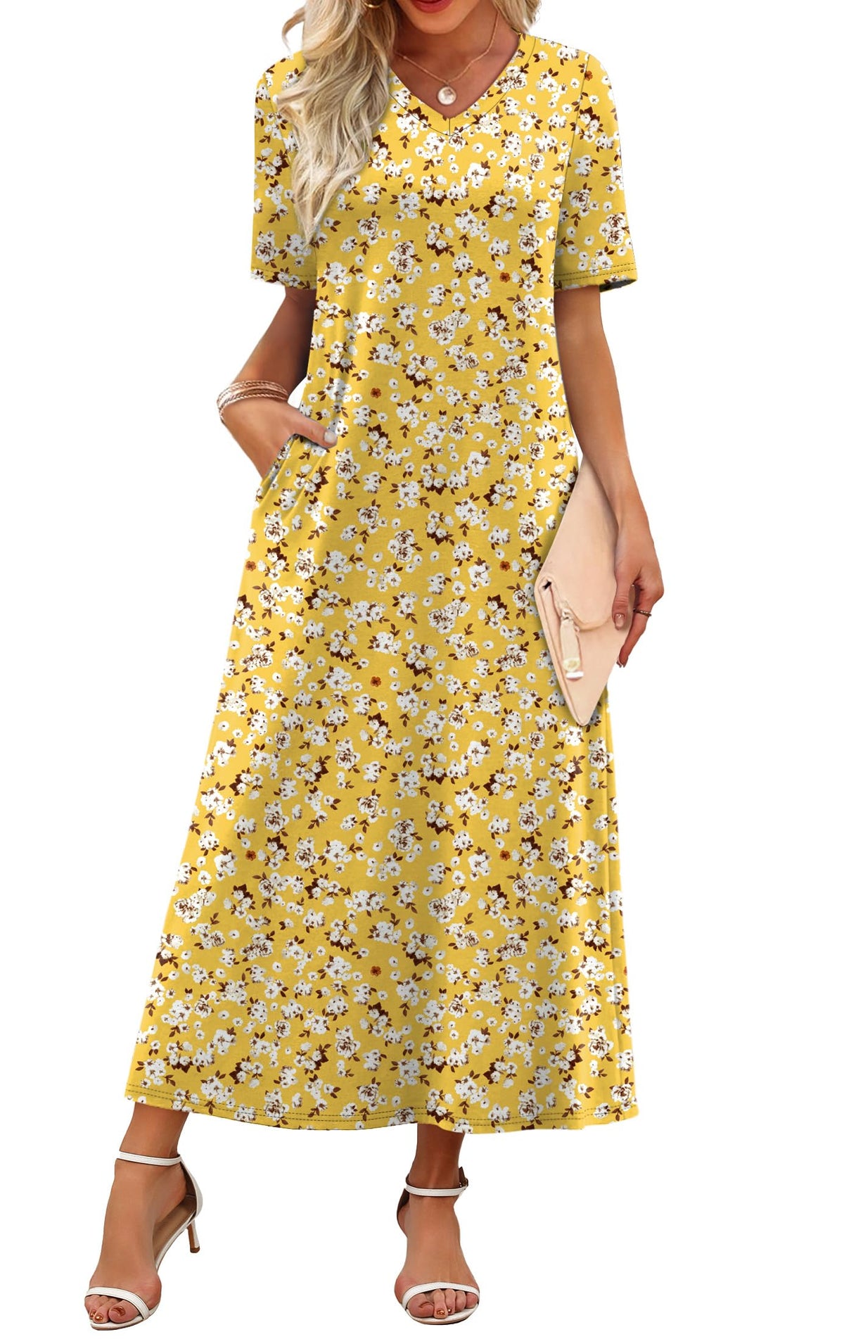 WIHOLL Women's Maxi Dresses V Neck Vacation Beach Sundresses Floral Travel Summer Dress