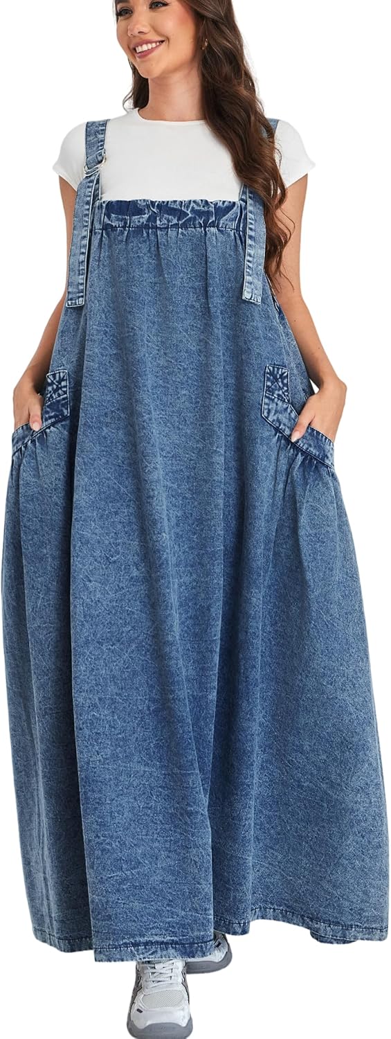 Denim Jumper Dress for Women Loose Version Baggy Style Maxi Length Adjustable Straps Wide Hemline