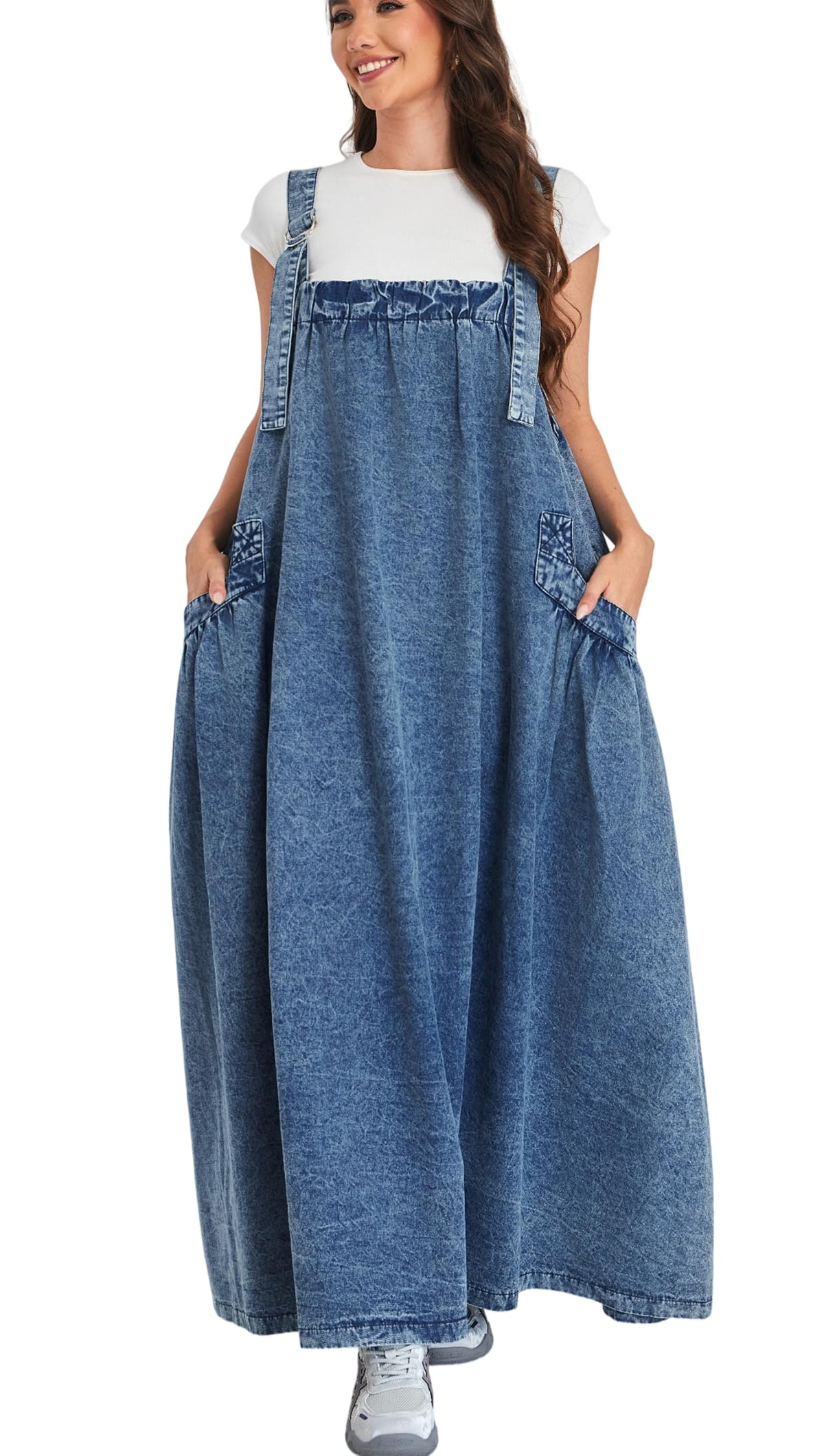 Denim Jumper Dress for Women Loose Version Baggy Style Maxi Length Adjustable Straps Wide Hemline