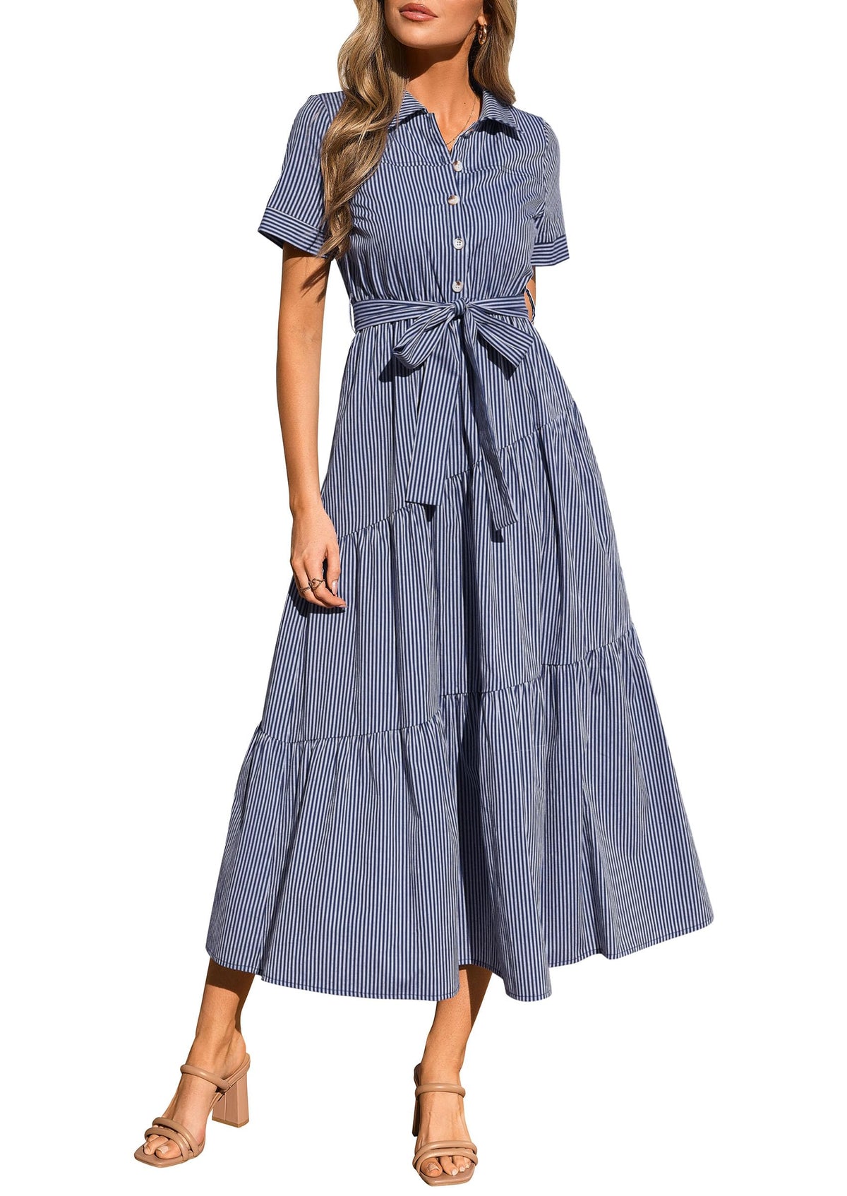 PRETTYGARDEN Women Striped Button Up Maxi Shirt Dress