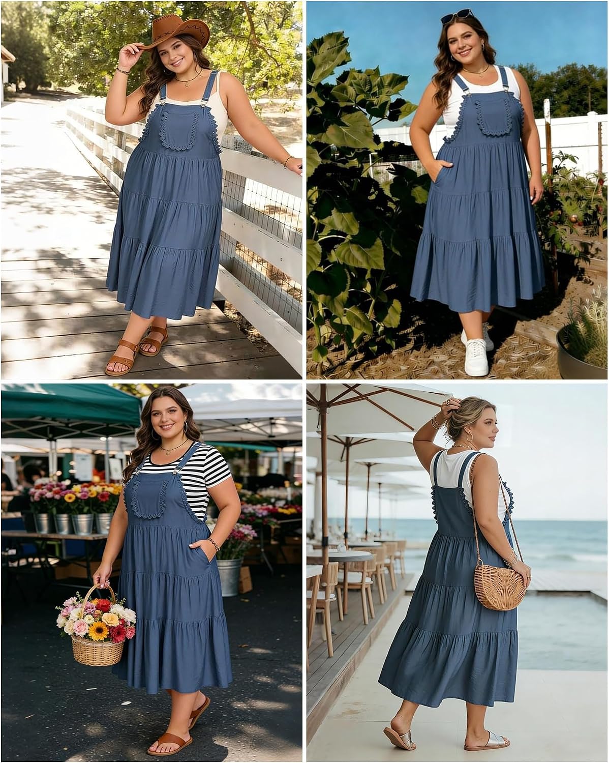 Moon Wood Plus Size Overall Dress for Women Casual Bib Jumper Dress Summer Maxi Dress with Pockets Adjustable Straps