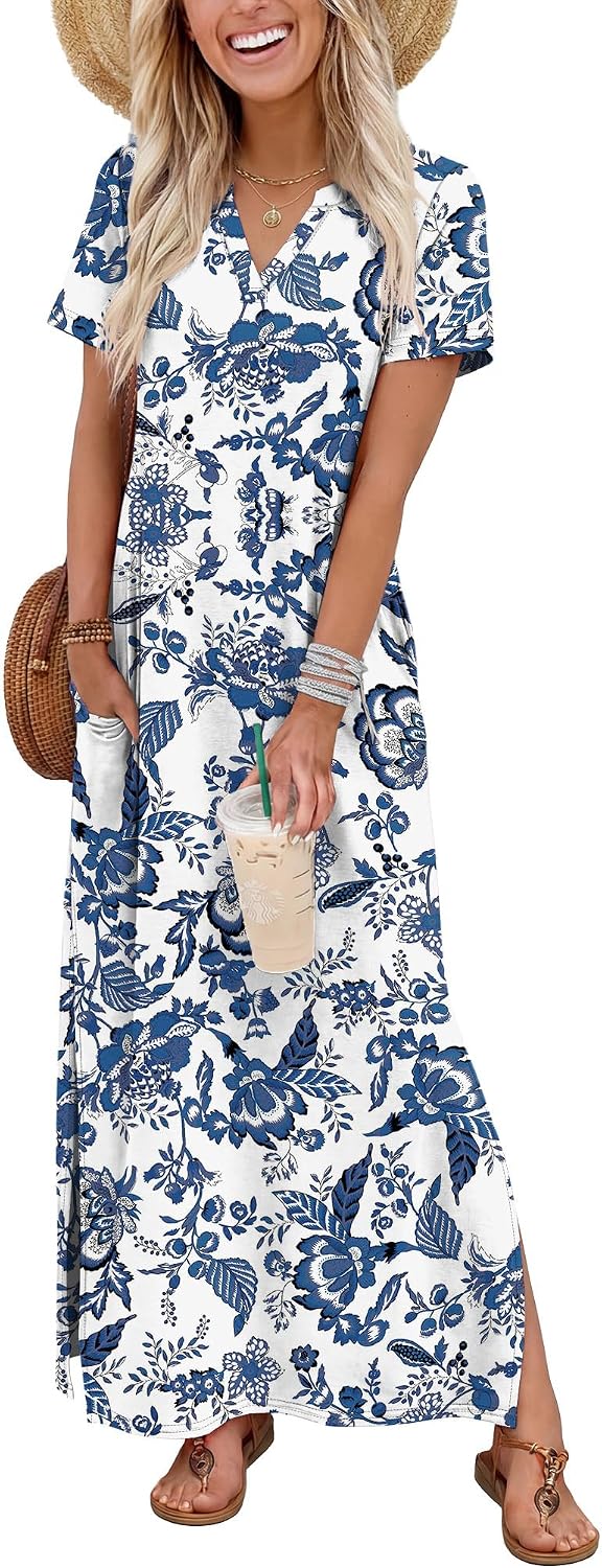 OFEEFAN Summer Dresses for Women 2026 Maxi Dress Short Sleeve Sundresses with Pockets Beach Vacation Spring Outfits