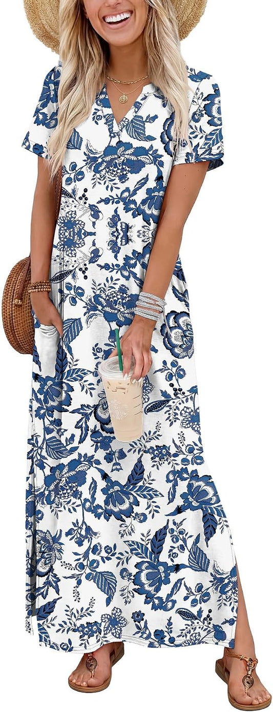 OFEEFAN Summer Dresses for Women 2026 Maxi Dress Short Sleeve Sundresses with Pockets Beach Vacation Spring Outfits