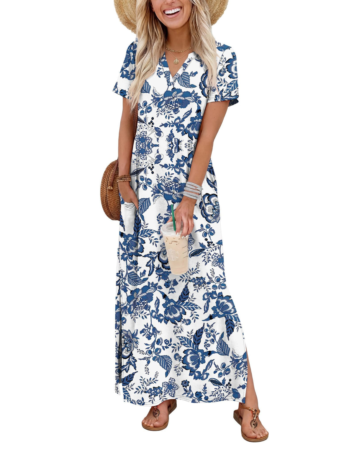 OFEEFAN Summer Dresses for Women 2026 Maxi Dress Short Sleeve Sundresses with Pockets Beach Vacation Spring Outfits