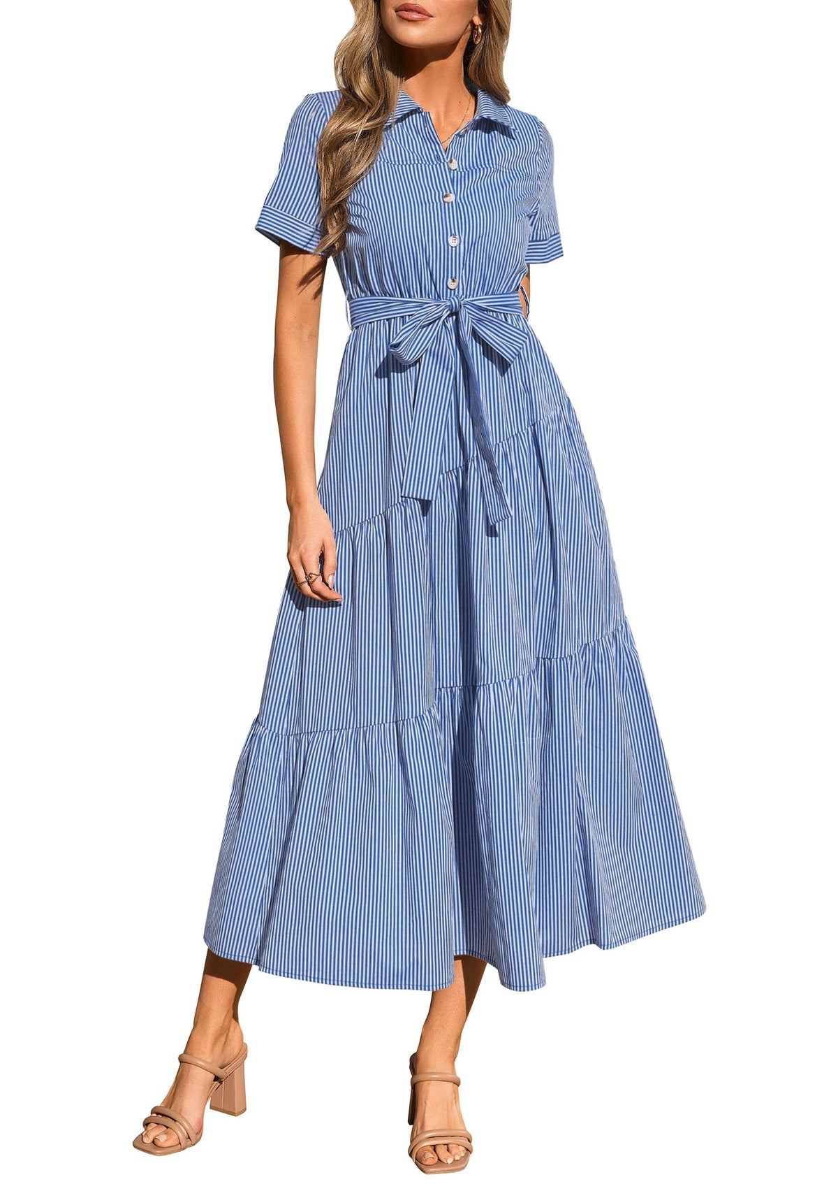 PRETTYGARDEN Women Striped Button Up Maxi Shirt Dress