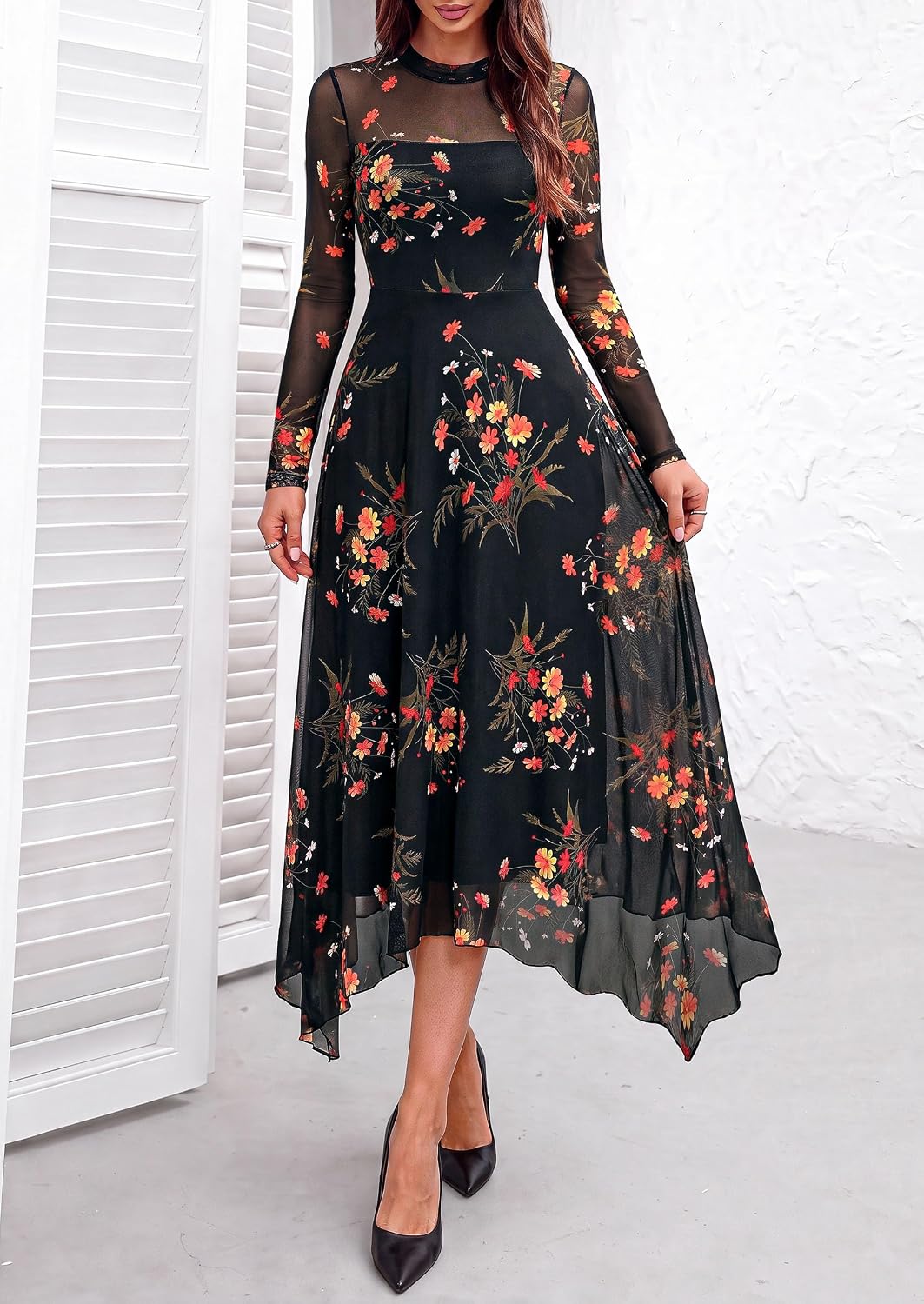 PRETTYGARDEN Women's Floral Mesh Midi Dress