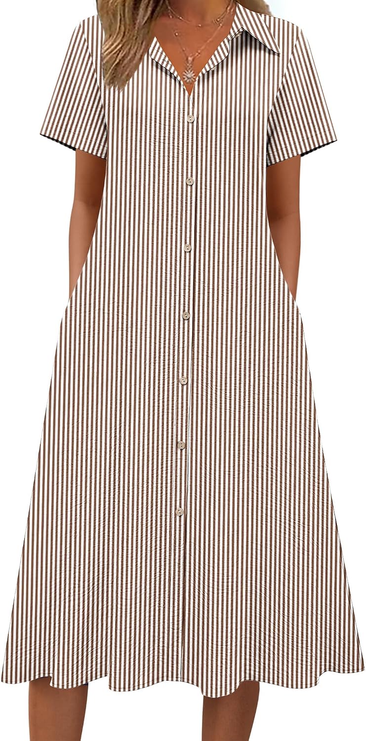 Zeagoo Summer Dresses for Women 2026 Button Down Shirt Dresses Aline Long Sundress Short Sleeve Beach Travel Cover Up