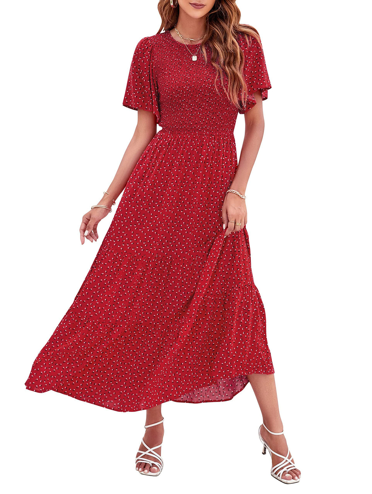 ZESICA Women's Summer Boho Floral Smocked Short Sleeve Maxi Dress