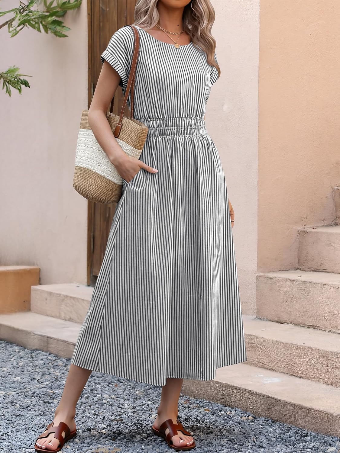 ANRABESS Womens Summer Midi Dress Striped Casual Short Sleeve Crewneck Elastic Waist 2026 Flowy Long Beach Dress with Pockets