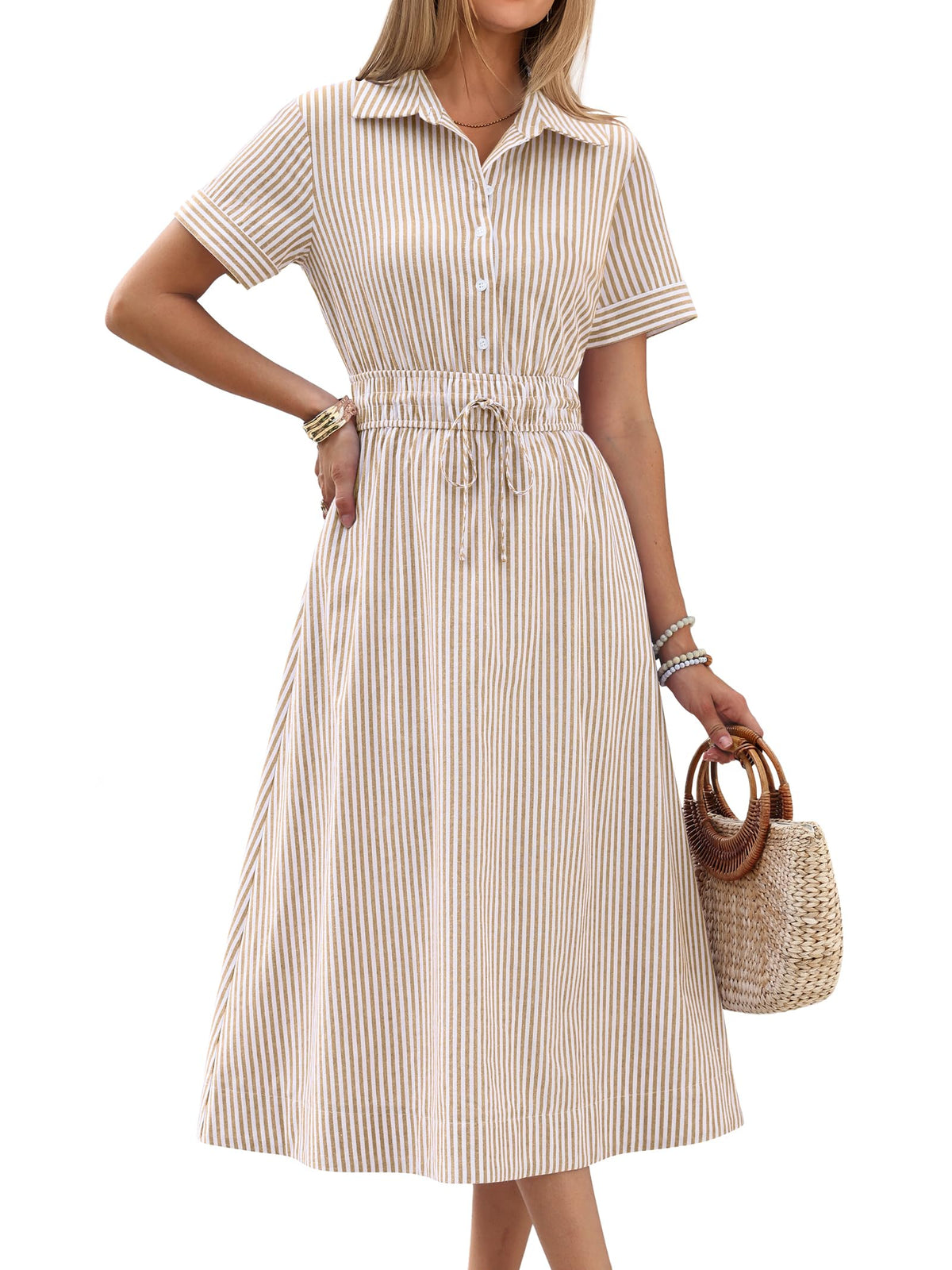 ANRABESS Women Summer Short Sleeve Midi Dress, Striped & Gingham, Casual A-Line Button Collar Shirt Dress, Beach & Vacation